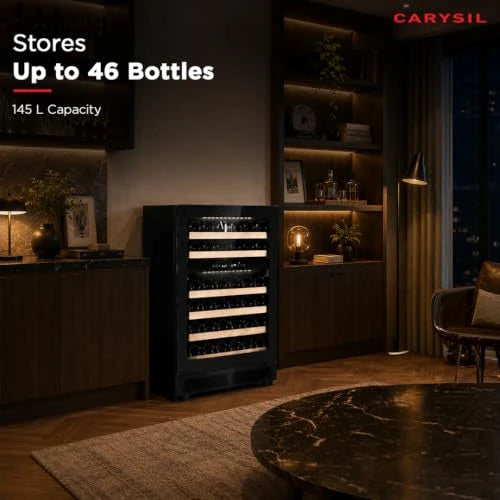 Carysil Wine Chiller CW-46, 145 L, Dual Zone Wine Cooler Refrigerator up to 46 Bottles, 5-20°C Temperature Control, LED Touch Control & Anti-UV Glass, Freestanding/Built-In Installation