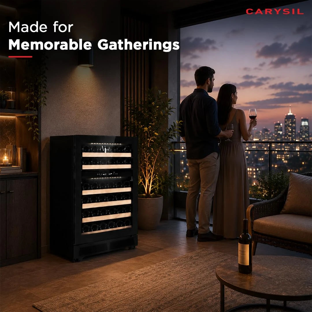 Carysil Wine Chiller CW-46, 145 L, Dual Zone Wine Cooler Refrigerator up to 46 Bottles, 5-20°C Temperature Control, LED Touch Control & Anti-UV Glass, Freestanding/Built-In Installation