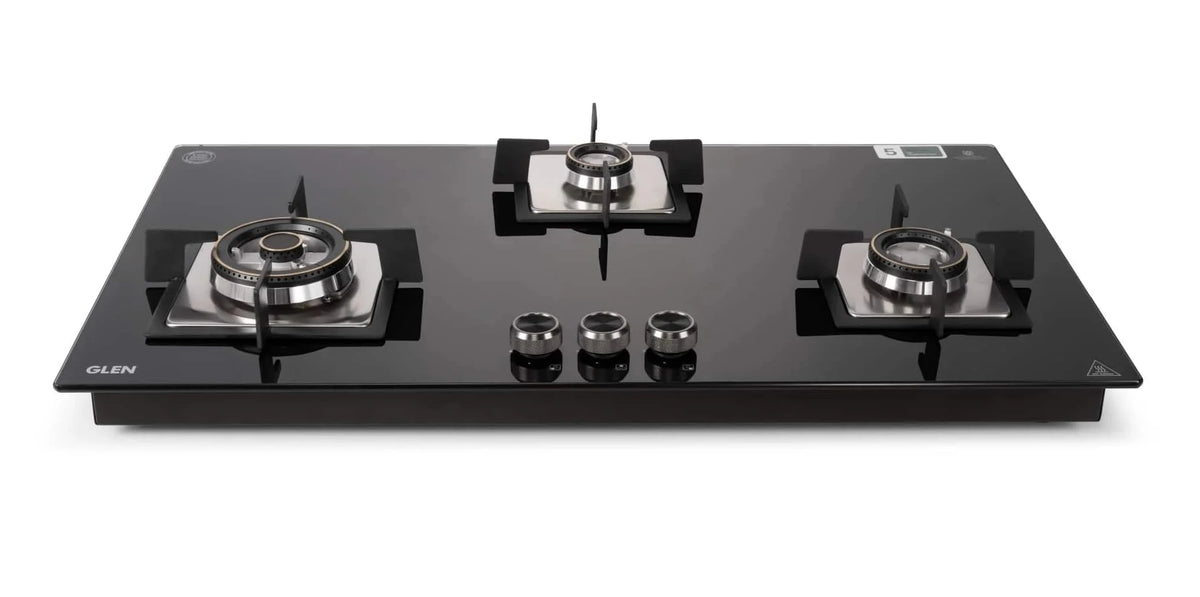 Glen Built In Hob-Top 3 Burner 90 cm | Auto Ignition | 8 MM Thick Toughened Glass|Black |Forged Brass Burners With Double-Ring Flames| 2 years standard & 5 years glass Warranty by Glen |1093XLSQHTDBTR