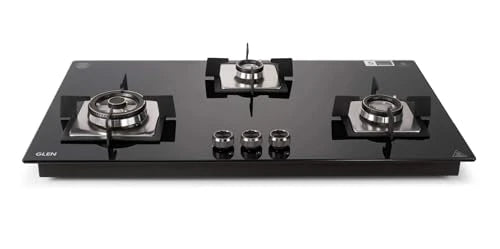 Glen Built In Hob-Top 3 Burner 90 cm | Auto Ignition | 8 MM Thick Toughened Glass|Black |Forged Brass Burners With Double-Ring Flames| 2 years standard & 5 years glass Warranty by Glen |1093XLSQHTDBTR