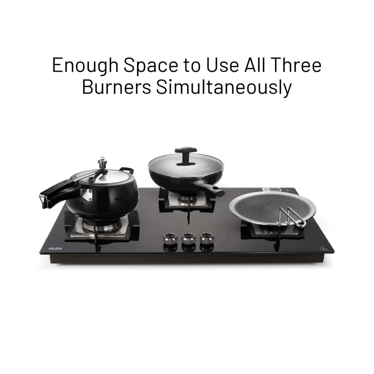 Glen Built In Hob-Top 3 Burner 90 cm | Auto Ignition | 8 MM Thick Toughened Glass|Black |Forged Brass Burners With Double-Ring Flames| 2 years standard & 5 years glass Warranty by Glen |1093XLSQHTDBTR