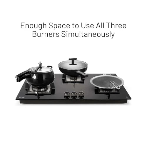 Glen Built In Hob-Top 3 Burner 90 cm | Auto Ignition | 8 MM Thick Toughened Glass|Black |Forged Brass Burners With Double-Ring Flames| 2 years standard & 5 years glass Warranty by Glen |1093XLSQHTDBTR
