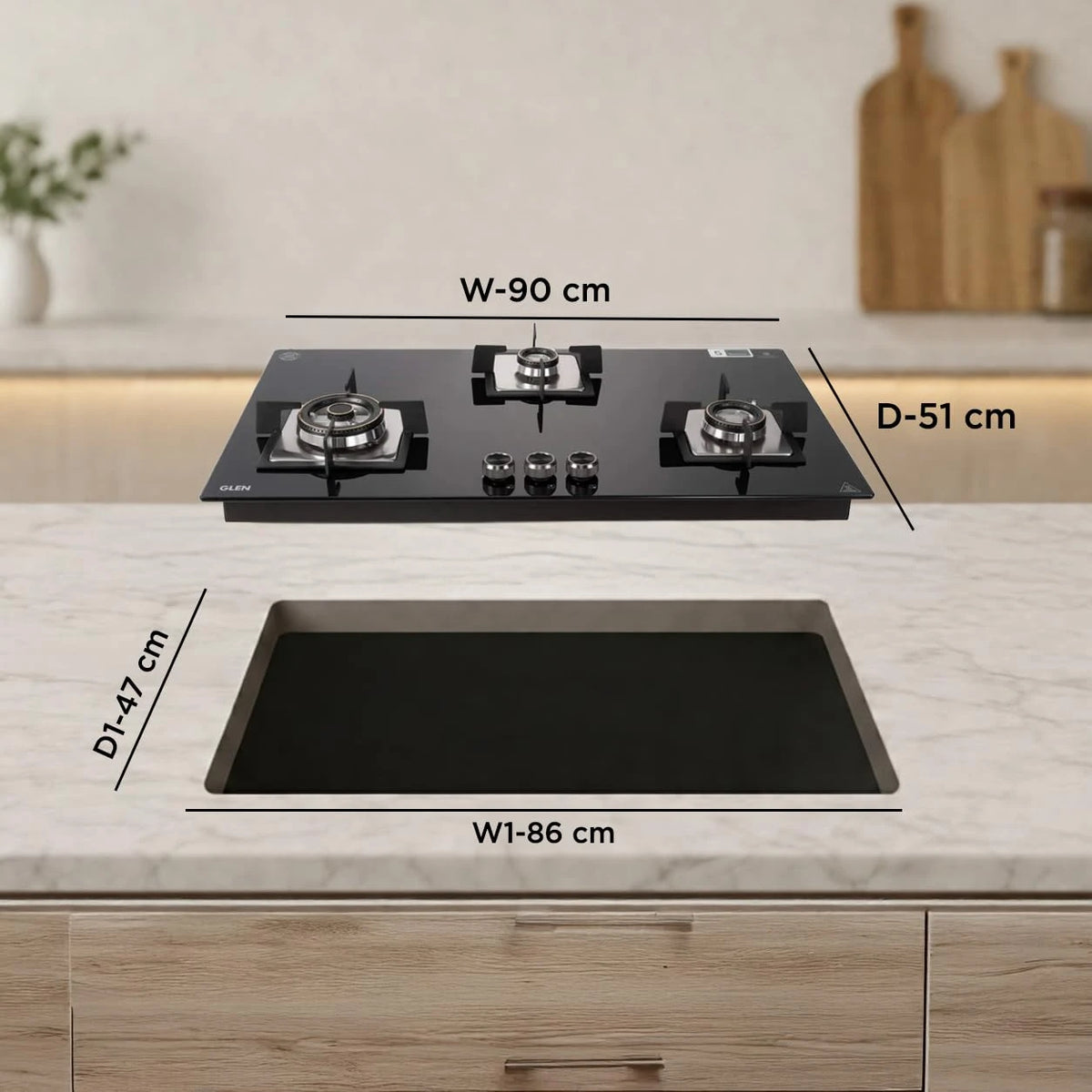Glen Built In Hob-Top 3 Burner 90 cm | Auto Ignition | 8 MM Thick Toughened Glass|Black |Forged Brass Burners With Double-Ring Flames| 2 years standard & 5 years glass Warranty by Glen |1093XLSQHTDBTR