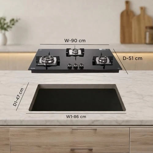 Glen Built In Hob-Top 3 Burner 90 cm | Auto Ignition | 8 MM Thick Toughened Glass|Black |Forged Brass Burners With Double-Ring Flames| 2 years standard & 5 years glass Warranty by Glen |1093XLSQHTDBTR