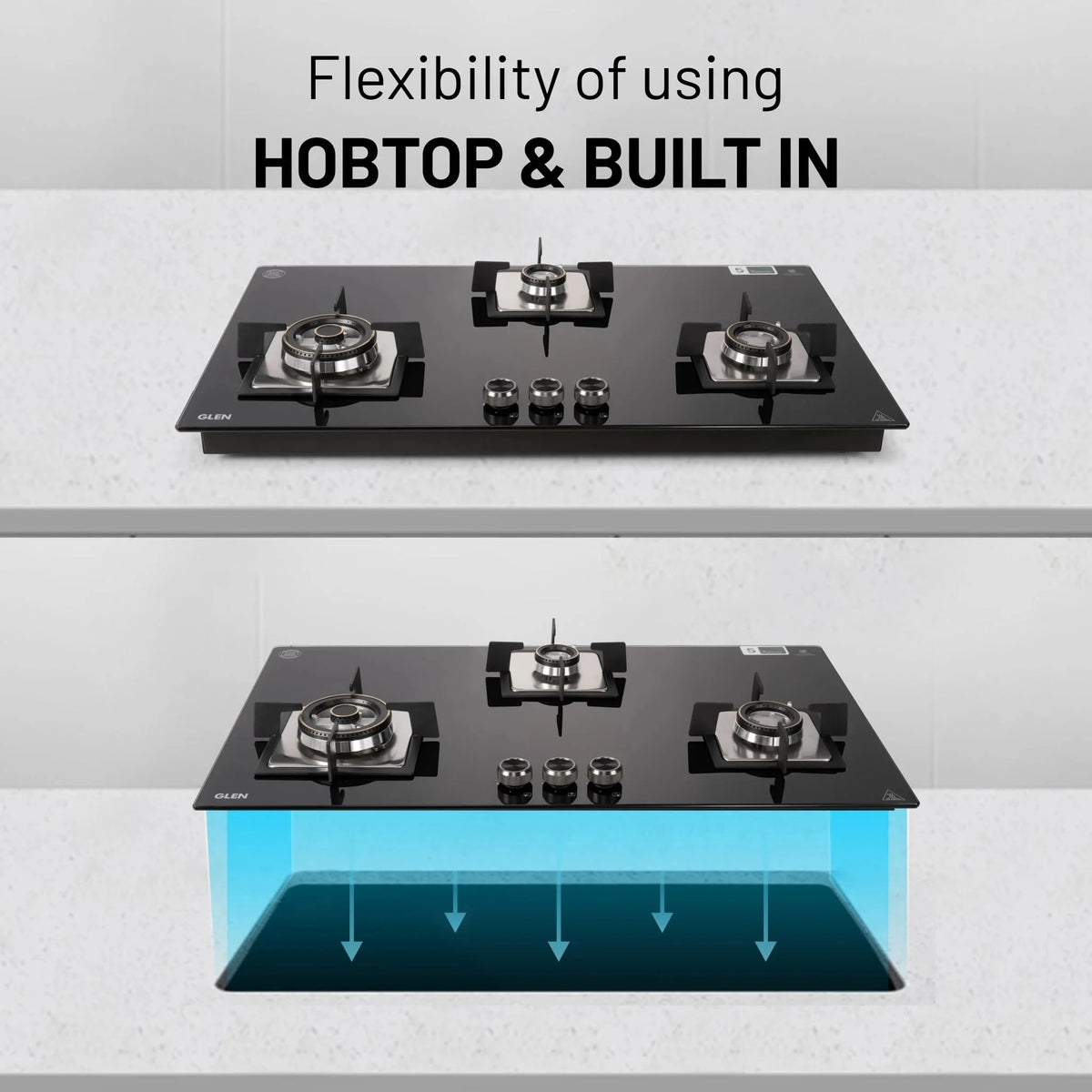 Glen Built In Hob-Top 3 Burner 90 cm | Auto Ignition | 8 MM Thick Toughened Glass|Black |Forged Brass Burners With Double-Ring Flames| 2 years standard & 5 years glass Warranty by Glen |1093XLSQHTDBTR