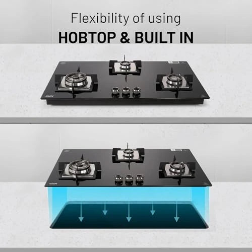 Glen Built In Hob-Top 3 Burner 90 cm | Auto Ignition | 8 MM Thick Toughened Glass|Black |Forged Brass Burners With Double-Ring Flames| 2 years standard & 5 years glass Warranty by Glen |1093XLSQHTDBTR