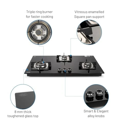 Glen Built In Hob-Top 3 Burner 90 cm | Auto Ignition | 8 MM Thick Toughened Glass|Black |Forged Brass Burners With Double-Ring Flames| 2 years standard & 5 years glass Warranty by Glen |1093XLSQHTDBTR