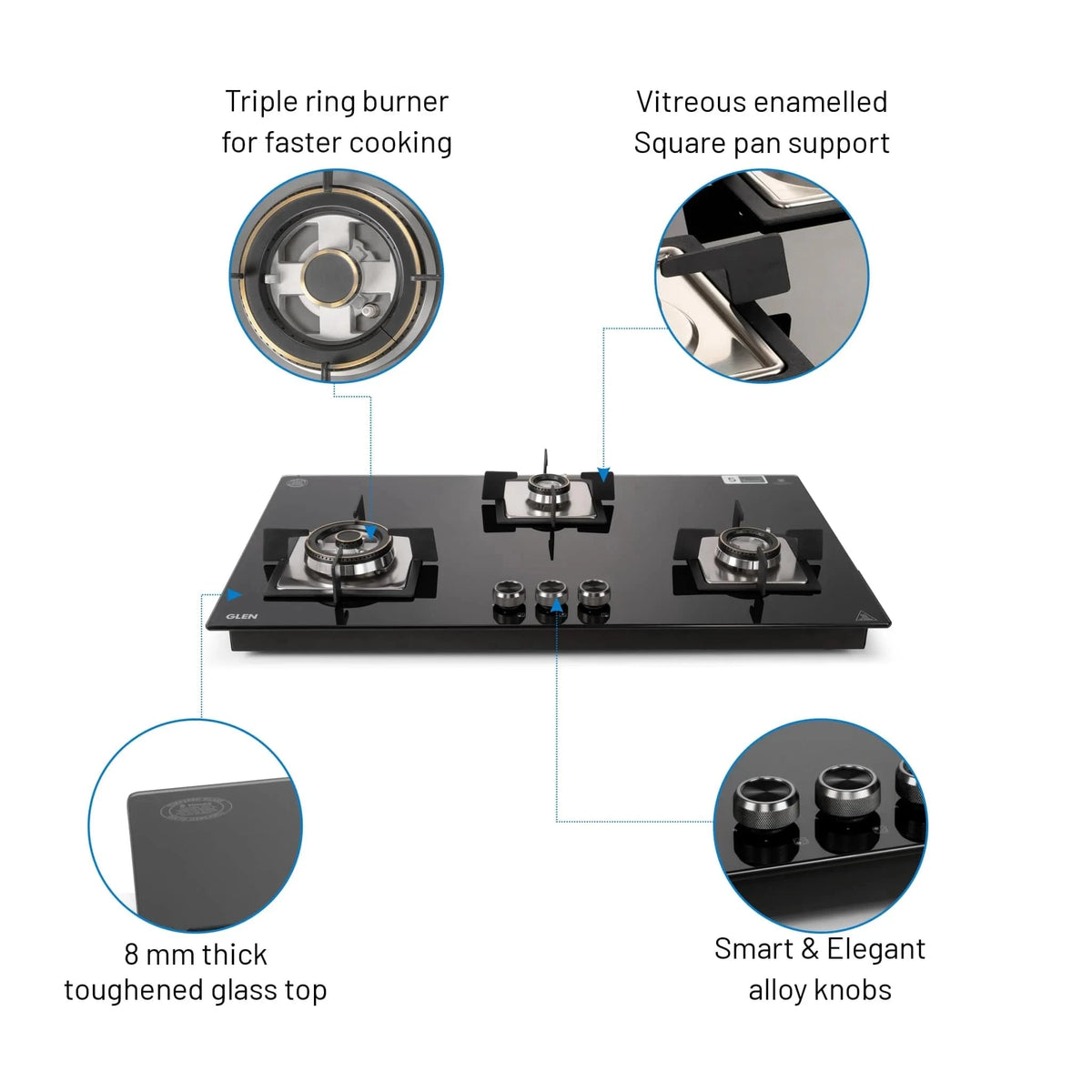Glen Built In Hob-Top 3 Burner 90 cm | Auto Ignition | 8 MM Thick Toughened Glass|Black |Forged Brass Burners With Double-Ring Flames| 2 years standard & 5 years glass Warranty by Glen |1093XLSQHTDBTR