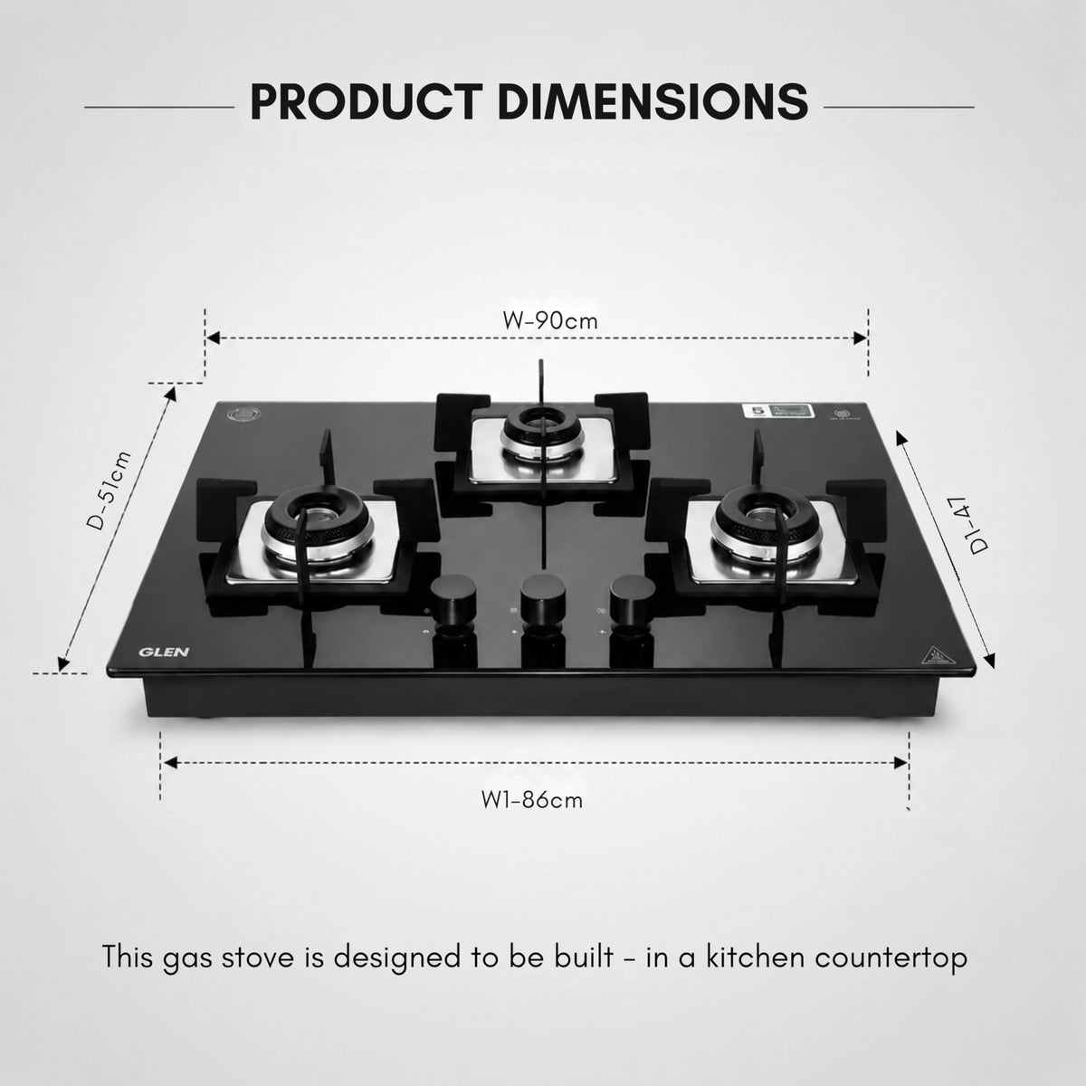 Glen Built In Hob-Top 3 Burner 90 cm | Auto Ignition | 8 MM Thick Toughened Glass|Black |Forged Brass Burners With Double-Ring Flames| 2 years standard & 5 years glass Warranty by Glen |1093XLSQHTDBTR