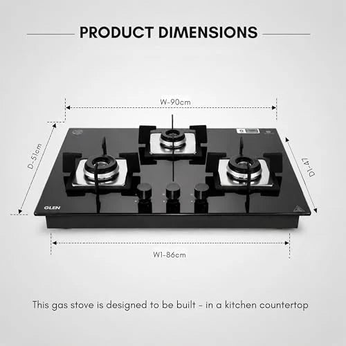 Glen Built In Hob-Top 3 Burner 90 cm | Auto Ignition | 8 MM Thick Toughened Glass|Black |Forged Brass Burners With Double-Ring Flames| 2 years standard & 5 years glass Warranty by Glen |1093XLSQHTDBTR