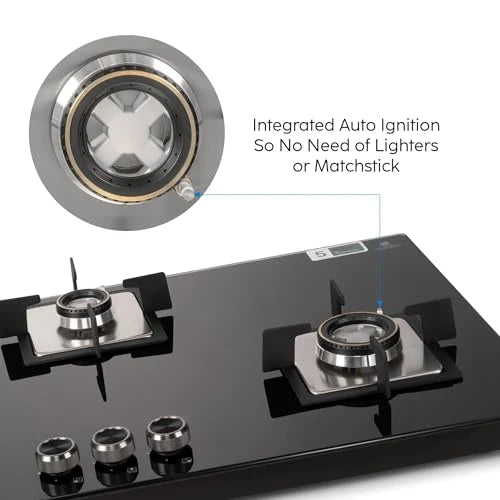 Glen Built In Hob-Top 3 Burner 90 cm | Auto Ignition | 8 MM Thick Toughened Glass|Black |Forged Brass Burners With Double-Ring Flames| 2 years standard & 5 years glass Warranty by Glen |1093XLSQHTDBTR