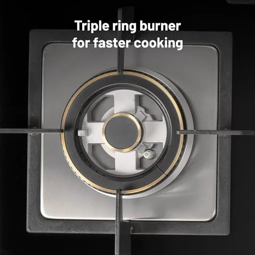 Glen Built In Hob-Top 3 Burner 90 cm | Auto Ignition | 8 MM Thick Toughened Glass|Black |Forged Brass Burners With Double-Ring Flames| 2 years standard & 5 years glass Warranty by Glen |1093XLSQHTDBTR