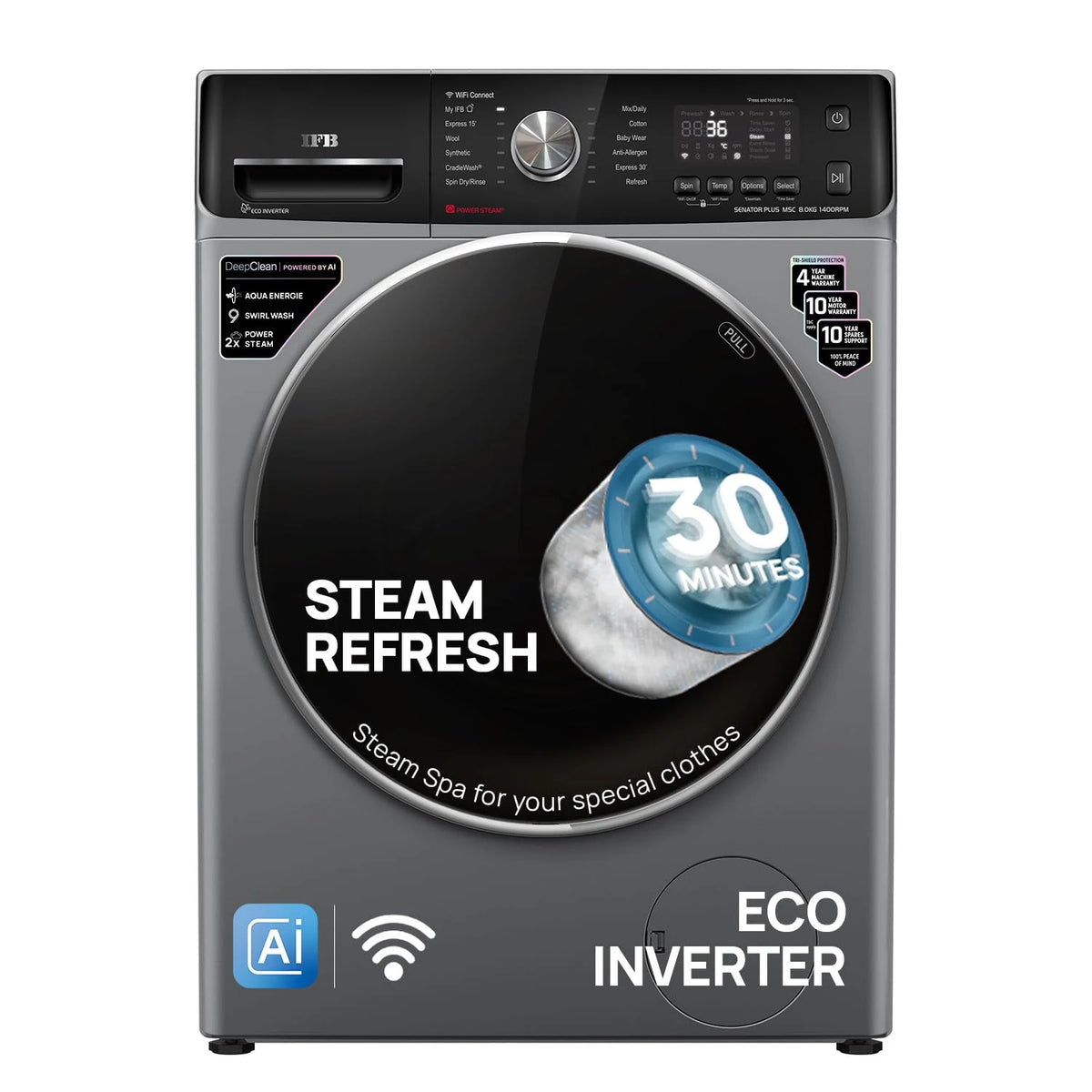 IFB 8 Kg 5 Star, DeepClean®, AI Powered, WiFi, Fully Automatic Front Load Washing Machine (SENATOR PLUS MSC 8014 SSL, PowerSteam®, 9 Swirl, Steam Refresh, Inbuilt Heater, Eco Inverter, Metalic Silver)
