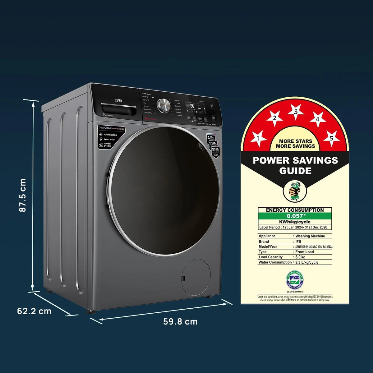 IFB 8 Kg 5 Star, DeepClean®, AI Powered, WiFi, Fully Automatic Front Load Washing Machine (SENATOR PLUS MSC 8014 SSL, PowerSteam®, 9 Swirl, Steam Refresh, Inbuilt Heater, Eco Inverter, Metalic Silver)