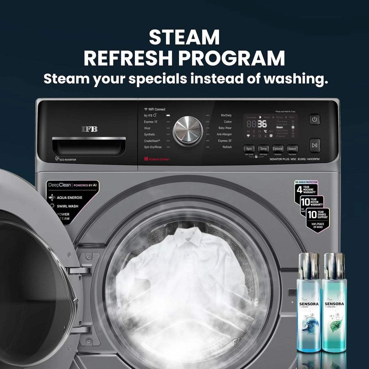 IFB 8 Kg 5 Star, DeepClean®, AI Powered, WiFi, Fully Automatic Front Load Washing Machine (SENATOR PLUS MSC 8014 SSL, PowerSteam®, 9 Swirl, Steam Refresh, Inbuilt Heater, Eco Inverter, Metalic Silver)