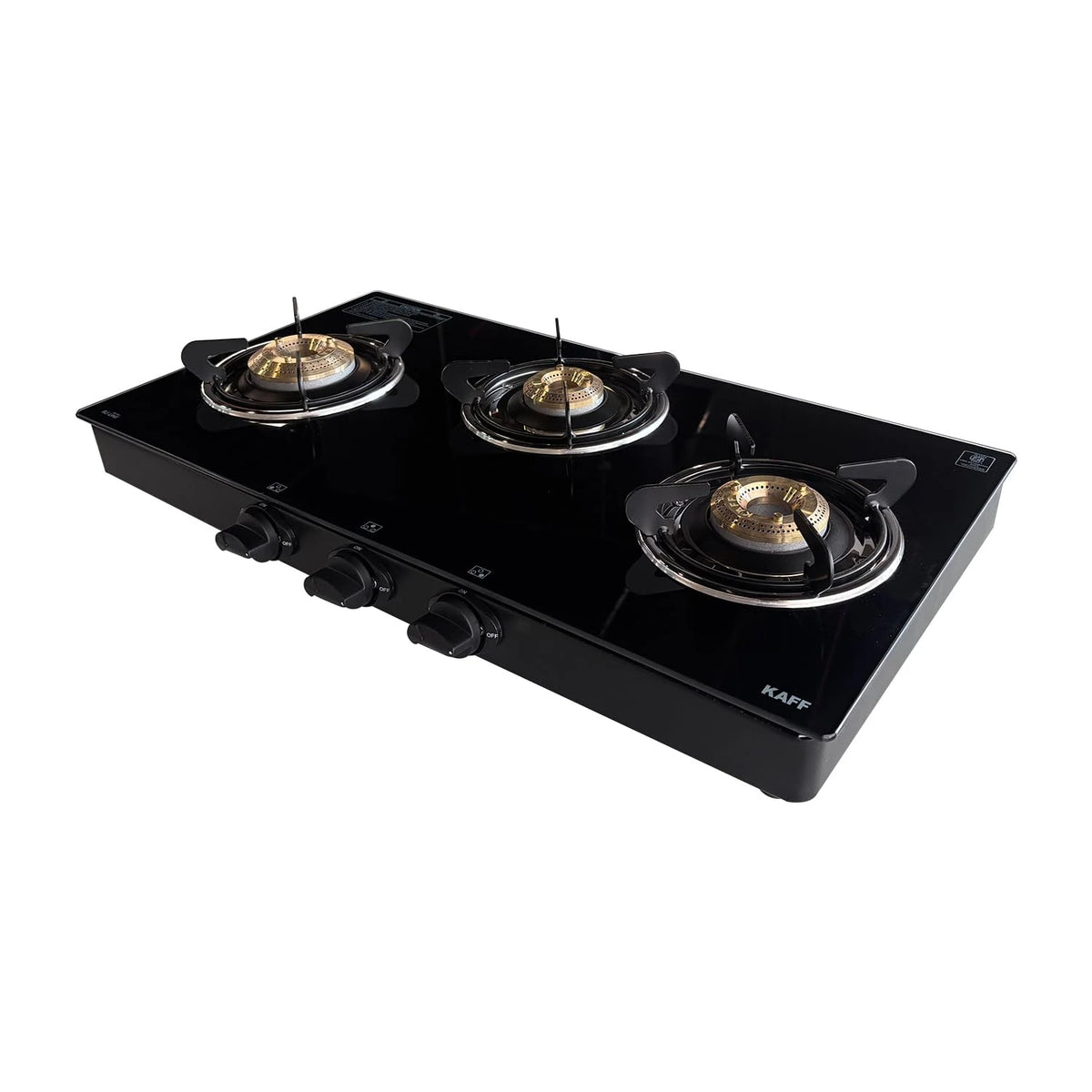 KAFF 71 cm, 3 Burner Glass Cooktop Gas Stove with 1 Jumbo 1 Medium 1 Small Brass Burner | Easy Grip Knobs Matt Enameled Pan Support | Stainless Steel Drip Tray Modular Kitchen Hob | CTRJ71-3B