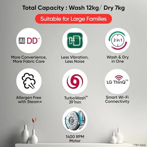 LG 12 Kg (Wash) / 7 Kg (Dry), AI Direct Drive Technology, Steam+ & Wi-Fi Front Load Fully Automatic Washer Dryer (FHD1207STB, Intelligent & Convenient Fabric Care & Turbowash 360, Platinum Black)