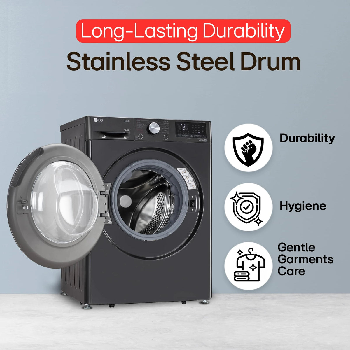 LG 12 Kg (Wash) / 7 Kg (Dry), AI Direct Drive Technology, Steam+ & Wi-Fi Front Load Fully Automatic Washer Dryer (FHD1207STB, Intelligent & Convenient Fabric Care & Turbowash 360, Platinum Black)