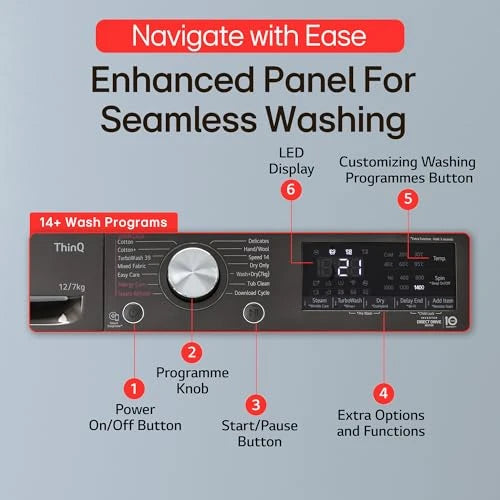 LG 12 Kg (Wash) / 7 Kg (Dry), AI Direct Drive Technology, Steam+ & Wi-Fi Front Load Fully Automatic Washer Dryer (FHD1207STB, Intelligent & Convenient Fabric Care & Turbowash 360, Platinum Black)