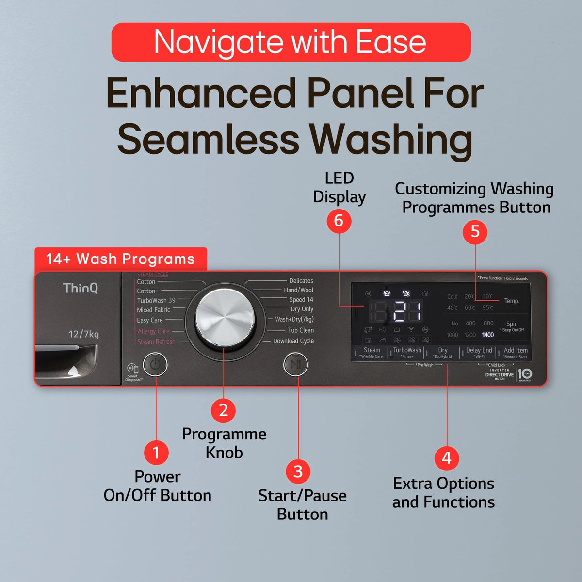 LG 12 Kg (Wash) / 7 Kg (Dry), AI Direct Drive Technology, Steam+ & Wi-Fi Front Load Fully Automatic Washer Dryer (FHD1207STB, Intelligent & Convenient Fabric Care & Turbowash 360, Platinum Black)