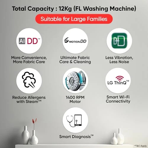 LG 12 Kg, 5 Star, AI Direct Drive Technology, Wi-Fi, Steam Fully Automatic Front-Loading Washing Machine (FHP1412Z5O, Intelligent & Convenient Fabric Care, Allergy Care, Remote Control, Onyx Black)