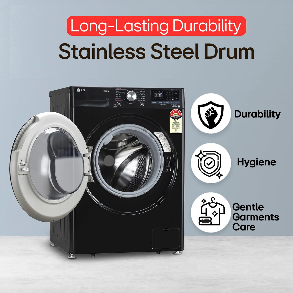 LG 12 Kg, 5 Star, AI Direct Drive Technology, Wi-Fi, Steam Fully Automatic Front-Loading Washing Machine (FHP1412Z5O, Intelligent & Convenient Fabric Care, Allergy Care, Remote Control, Onyx Black)