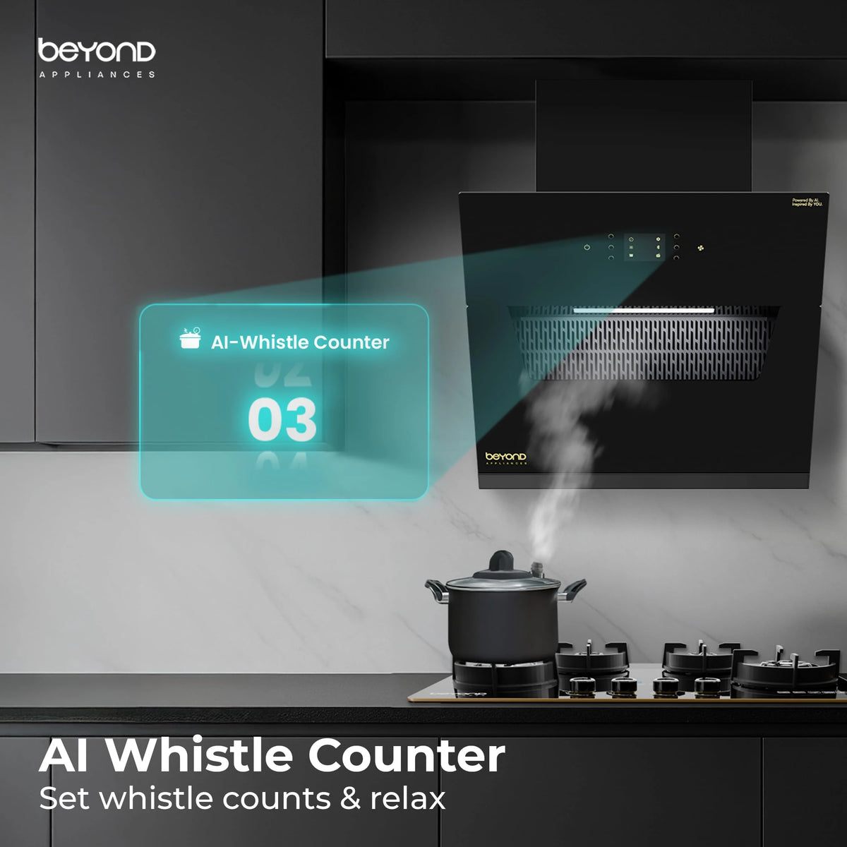 Beyond Appliances Elara 60cm Auto Clean Slant Kitchen Chimney | 1500 CMH Suction | Filterless | Smart AI, Motion Sensor & Speakers | Touch Control | Radio | Whistle Counter | Black | PAN INDIA SERVICE