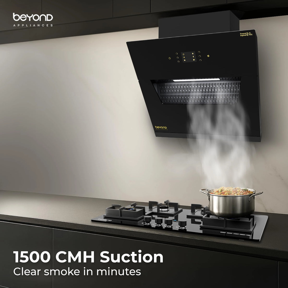 Beyond Appliances Elara 60cm Auto Clean Slant Kitchen Chimney | 1500 CMH Suction | Filterless | Smart AI, Motion Sensor & Speakers | Touch Control | Radio | Whistle Counter | Black | PAN INDIA SERVICE