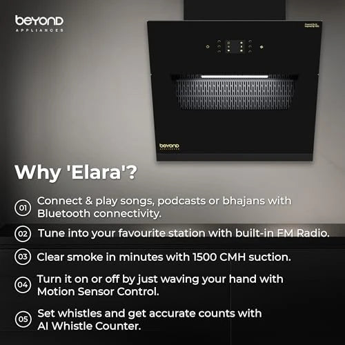 Beyond Appliances Elara 60cm Auto Clean Slant Kitchen Chimney | 1500 CMH Suction | Filterless | Smart AI, Motion Sensor & Speakers | Touch Control | Radio | Whistle Counter | Black | PAN INDIA SERVICE
