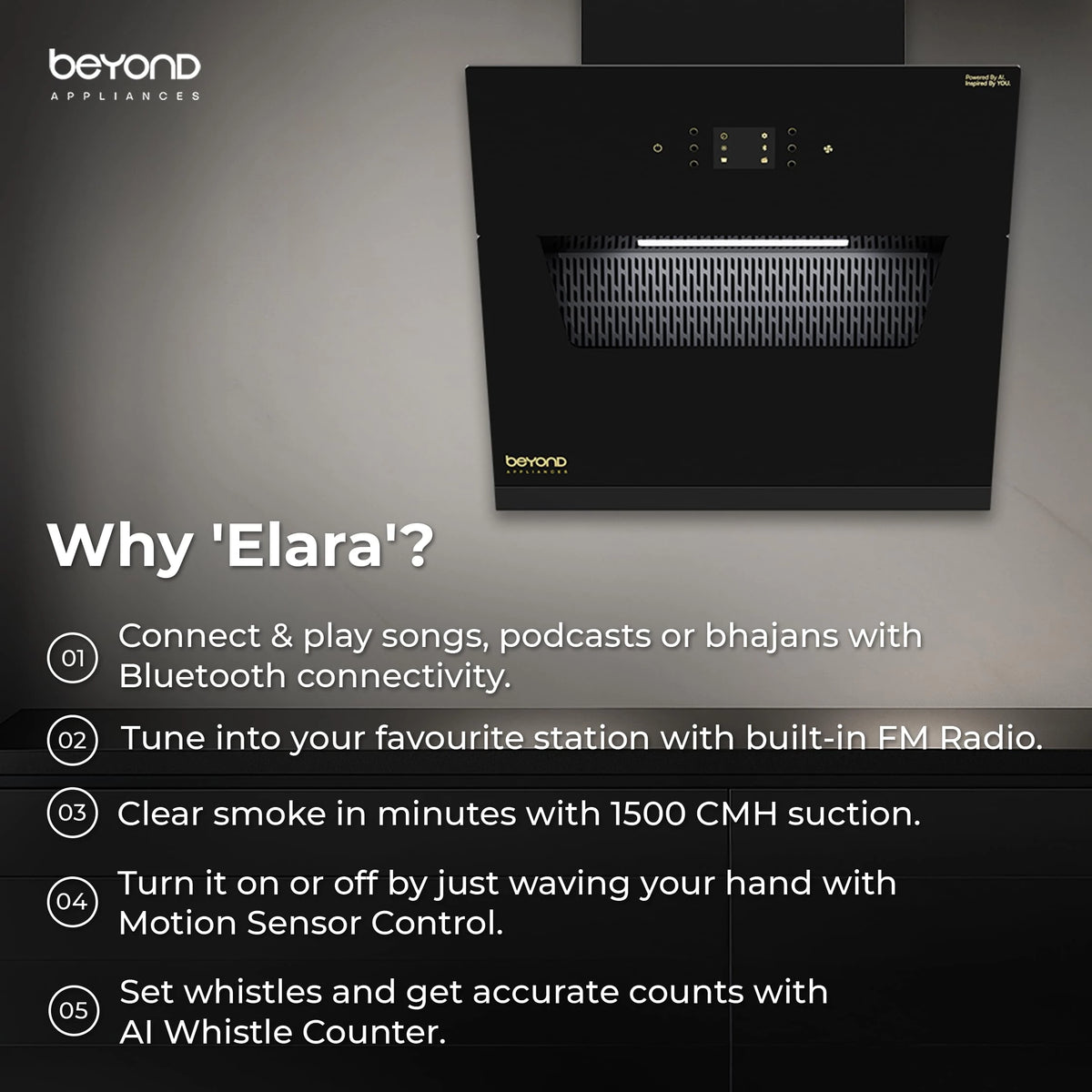 Beyond Appliances Elara 60cm Auto Clean Slant Kitchen Chimney | 1500 CMH Suction | Filterless | Smart AI, Motion Sensor & Speakers | Touch Control | Radio | Whistle Counter | Black | PAN INDIA SERVICE