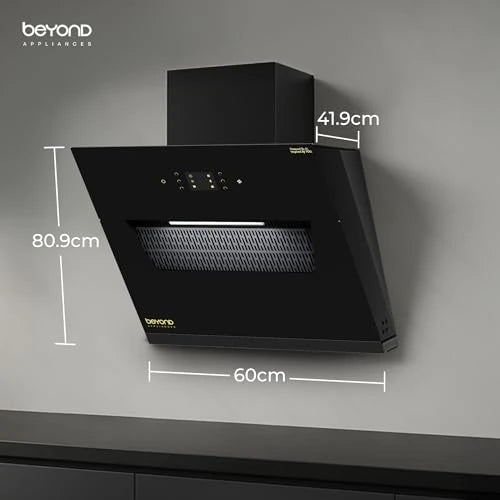 Beyond Appliances Elara 60cm Auto Clean Slant Kitchen Chimney | 1500 CMH Suction | Filterless | Smart AI, Motion Sensor & Speakers | Touch Control | Radio | Whistle Counter | Black | PAN INDIA SERVICE