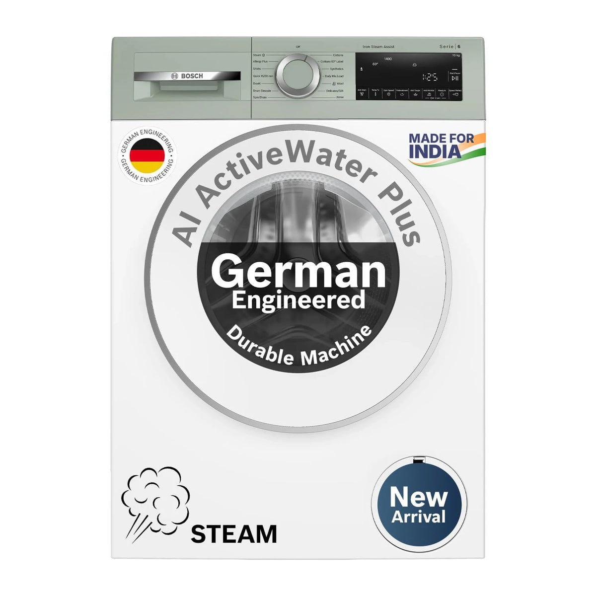 Bosch 10 kg 5 Star Front Load Fully Automatic Washing Machine, AI ActiveWater, Iron Steam Assist,Anti Stain, Inbuilt heater, 14 Wash Programs, 60L Large Drum, Autumn Green, WGA254ZJIN (2026 model)