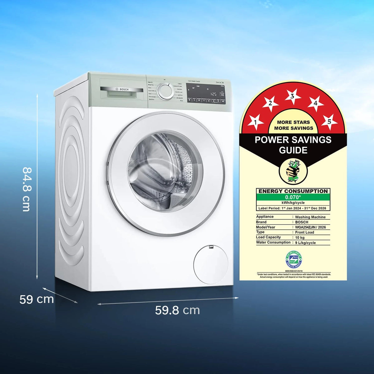 Bosch 10 kg 5 Star Front Load Fully Automatic Washing Machine, AI ActiveWater, Iron Steam Assist,Anti Stain, Inbuilt heater, 14 Wash Programs, 60L Large Drum, Autumn Green, WGA254ZJIN (2026 model)