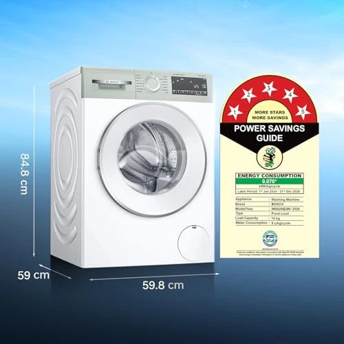 Bosch 10 kg 5 Star Front Load Fully Automatic Washing Machine, AI ActiveWater, Iron Steam Assist,Anti Stain, Inbuilt heater, 14 Wash Programs, 60L Large Drum, Autumn Green, WGA254ZJIN (2026 model)