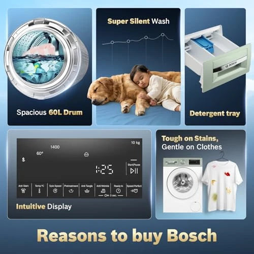 Bosch 10 kg 5 Star Front Load Fully Automatic Washing Machine, AI ActiveWater, Iron Steam Assist,Anti Stain, Inbuilt heater, 14 Wash Programs, 60L Large Drum, Autumn Green, WGA254ZJIN (2026 model)
