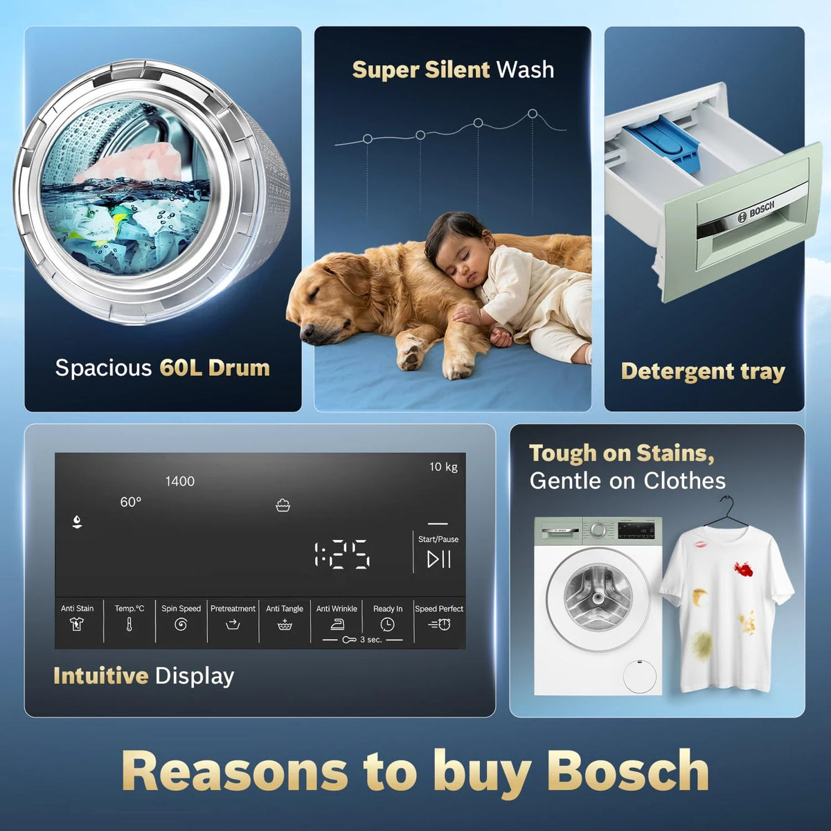 Bosch 10 kg 5 Star Front Load Fully Automatic Washing Machine, AI ActiveWater, Iron Steam Assist,Anti Stain, Inbuilt heater, 14 Wash Programs, 60L Large Drum, Autumn Green, WGA254ZJIN (2026 model)