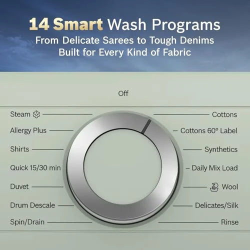 Bosch 10 kg 5 Star Front Load Fully Automatic Washing Machine, AI ActiveWater, Iron Steam Assist,Anti Stain, Inbuilt heater, 14 Wash Programs, 60L Large Drum, Autumn Green, WGA254ZJIN (2026 model)