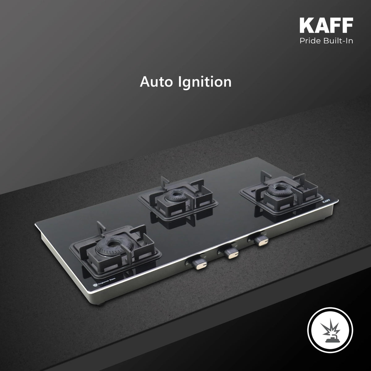 Kaff OB-QKRC-3AFB 3 Burner 77 cm Black Glass Gas Hob
