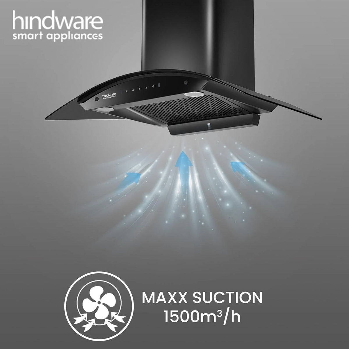 Hindware Smart Appliances | Nadia IN 75 cm Chimney | 1500 CMH |Curved Glass | Filterless | Auto Clean | Touch Control, Motion Sensor | 10 Yrs Warranty on Motor & 2 Yrs on Product (Black)