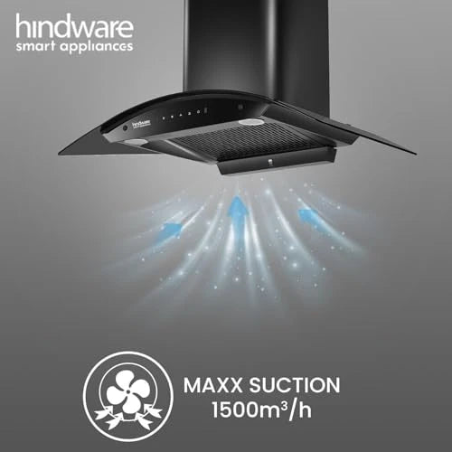 Hindware Smart Appliances | Nadia IN 75 cm Chimney | 1500 CMH |Curved Glass | Filterless | Auto Clean | Touch Control, Motion Sensor | 10 Yrs Warranty on Motor & 2 Yrs on Product (Black)