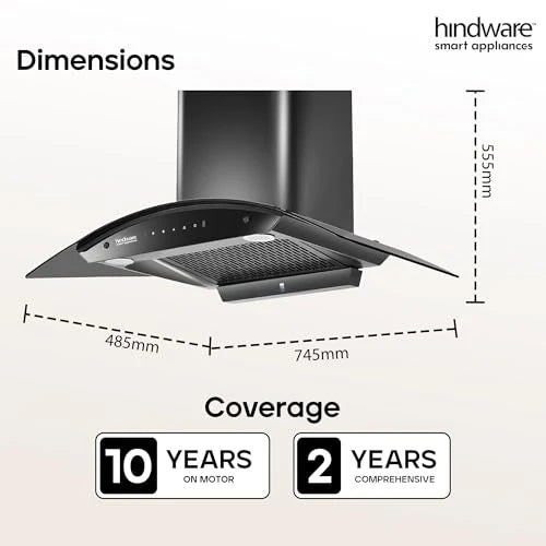 Hindware Smart Appliances | Nadia IN 75 cm Chimney | 1500 CMH |Curved Glass | Filterless | Auto Clean | Touch Control, Motion Sensor | 10 Yrs Warranty on Motor & 2 Yrs on Product (Black)