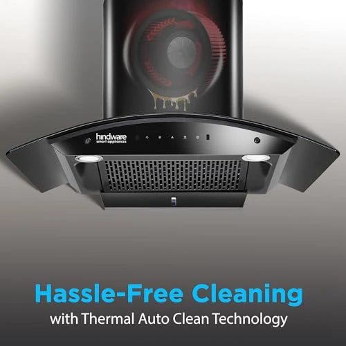 Hindware Smart Appliances | Nadia IN 75 cm Chimney | 1500 CMH |Curved Glass | Filterless | Auto Clean | Touch Control, Motion Sensor | 10 Yrs Warranty on Motor & 2 Yrs on Product (Black)