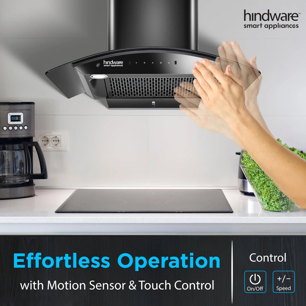 Hindware Smart Appliances | Nadia IN 75 cm Chimney | 1500 CMH |Curved Glass | Filterless | Auto Clean | Touch Control, Motion Sensor | 10 Yrs Warranty on Motor & 2 Yrs on Product (Black)