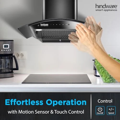 Hindware Smart Appliances | Nadia IN 75 cm Chimney | 1500 CMH |Curved Glass | Filterless | Auto Clean | Touch Control, Motion Sensor | 10 Yrs Warranty on Motor & 2 Yrs on Product (Black)