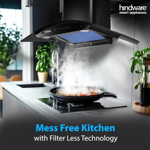 Hindware Smart Appliances | Nadia IN 75 cm Chimney | 1500 CMH |Curved Glass | Filterless | Auto Clean | Touch Control, Motion Sensor | 10 Yrs Warranty on Motor & 2 Yrs on Product (Black)