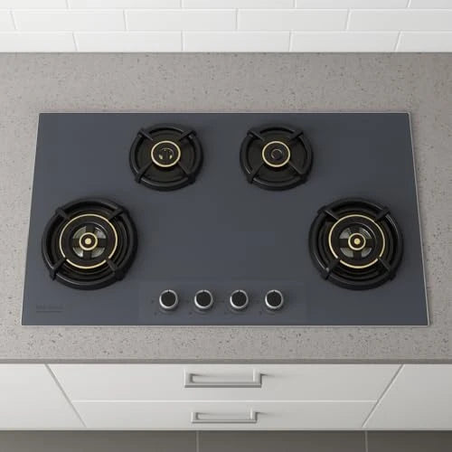 Hindware Graphite 4B 86CM Built in Hob With Flame Failure Device | Matt Grey Frost Glass with Coated SS Strips | Silver Metallic Finish & Jet Black Knobs | Stainless Steel Automatic Hob