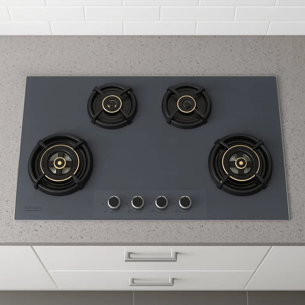 Hindware Graphite 4B 86CM Built in Hob With Flame Failure Device | Matt Grey Frost Glass with Coated SS Strips | Silver Metallic Finish & Jet Black Knobs | Stainless Steel Automatic Hob