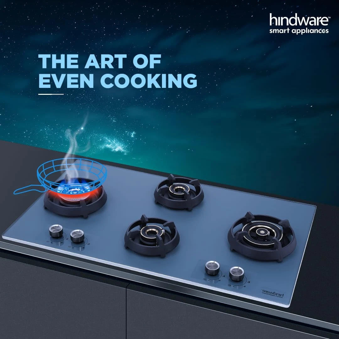 Hindware Graphite 4B 86CM Built in Hob With Flame Failure Device | Matt Grey Frost Glass with Coated SS Strips | Silver Metallic Finish & Jet Black Knobs | Stainless Steel Automatic Hob