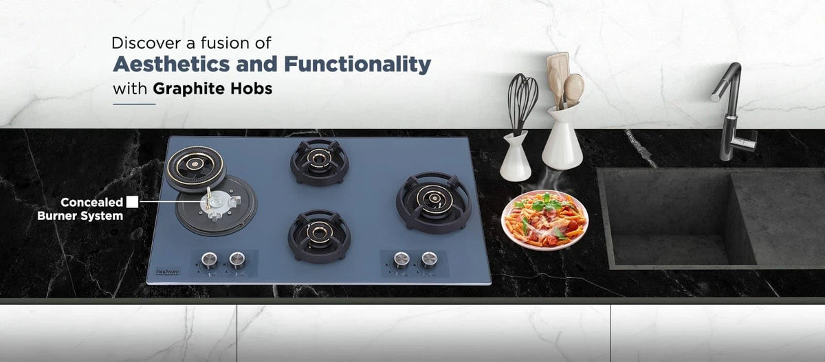 Hindware Graphite 4B 86CM Built in Hob With Flame Failure Device | Matt Grey Frost Glass with Coated SS Strips | Silver Metallic Finish & Jet Black Knobs | Stainless Steel Automatic Hob
