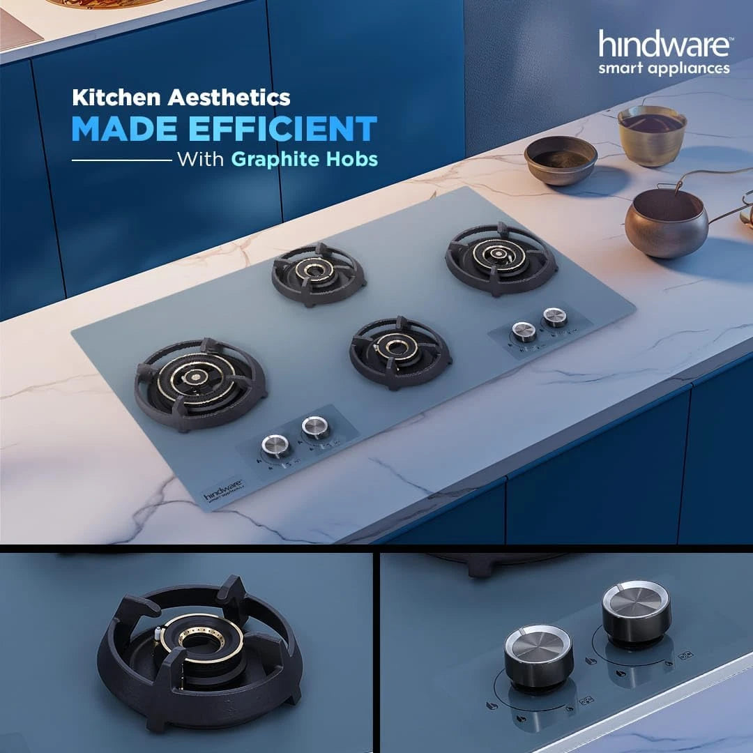 Hindware Graphite | Built in Hob With Flame Failure Device | Matt Grey Frost Glass with Coated SS Strips | Silver Metallic Finish & Jet Black Knobs | Stainless Steel Automatic Hob (Graphite 4B 90CM)
